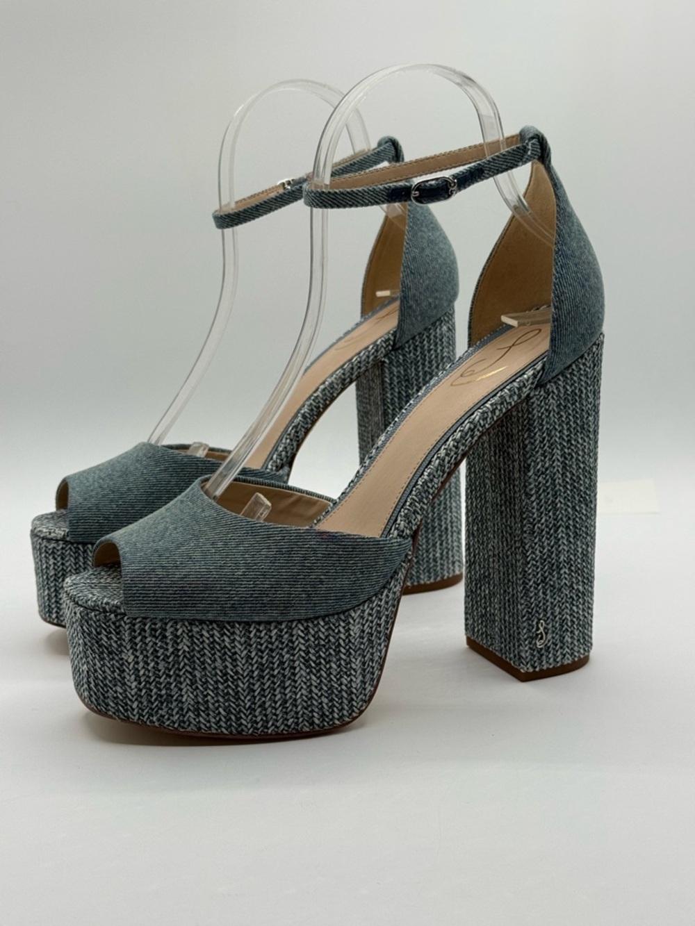 Sam Edelman Kori Blue Denim Platform Chunky Block Heel Ankle Strap Sandals SZ 9 - Picture 3 of 17